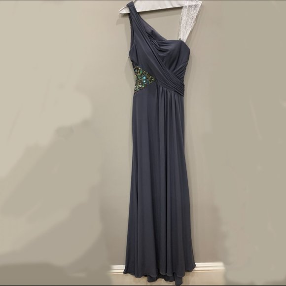 La Femme One Shoulder Asymmetrical Floor Length Dress with Open Back and Gems - Picture 1 of 10